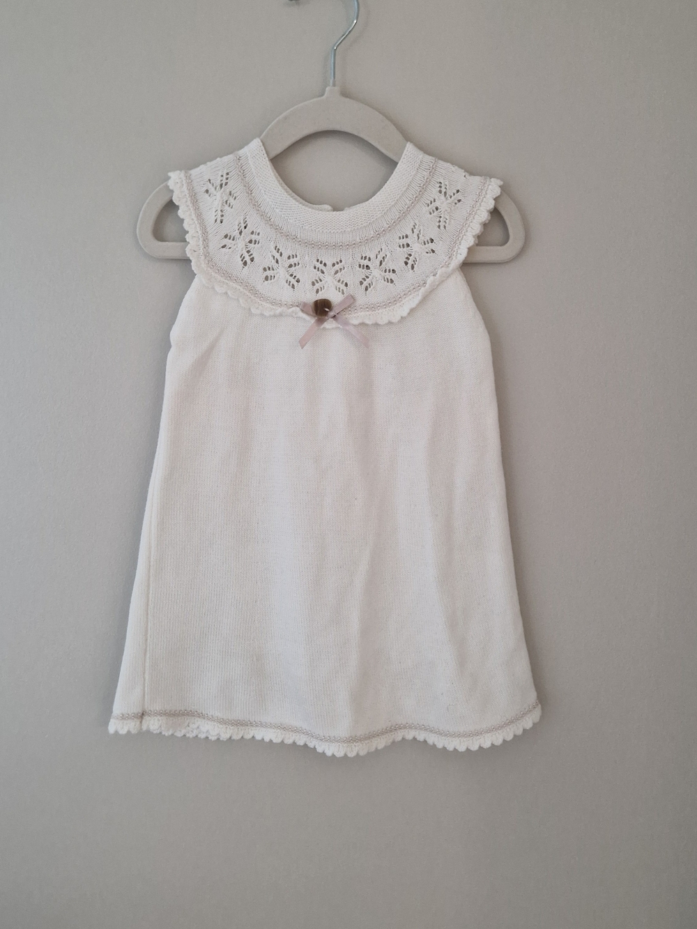 White Knit Baby Dress with Lace Yoke and Bow